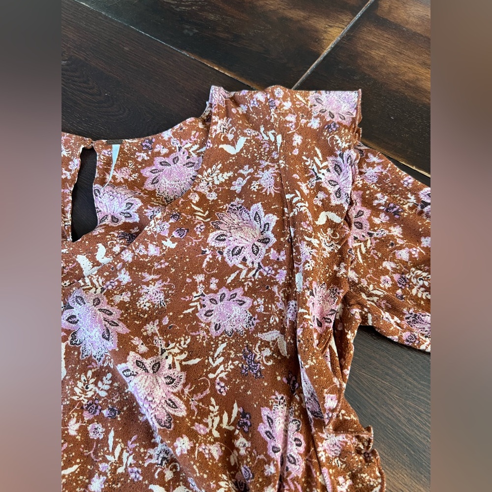 Free People Lux Floral Jumpsuit Women’s S Ruffle Drawstring Brown Pink Crop Leg - Picture 4 of 16